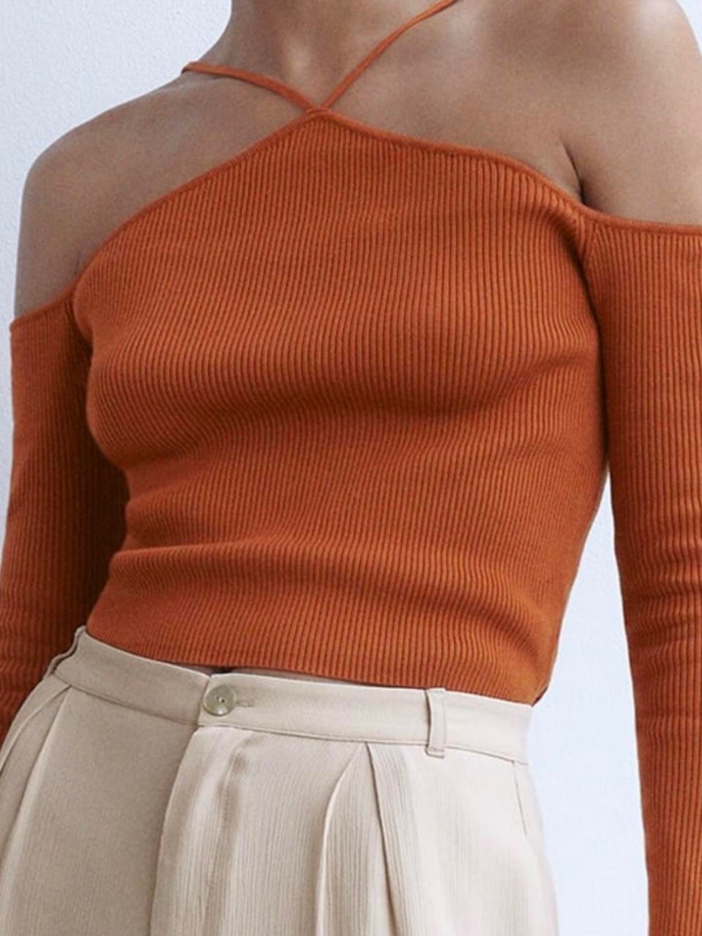 ZARA Rust Off-Shoulder Ribbed Sweater Top
